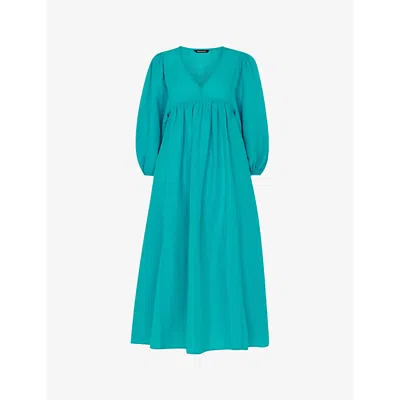 Whistles Womens Turquoise Gloria Puff-sleeve Relaxed-fit Linen And Cotton-blend Midi Dress