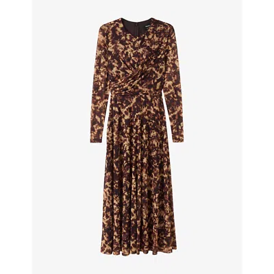 Whistles Womens Abstract Animal Long-sleeve Stretch-mesh Midi Dress Brown/multi