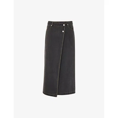 Whistles Denim Button Wrap Midi Skirt In Black