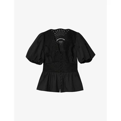 Whistles Womens Black Broderie V-neck Puff-sleeve Cotton Blouse In Multi