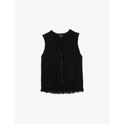 Whistles Womens Black Fringe-trim Boucle-knit Tank Top
