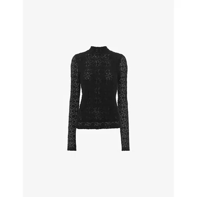 Whistles Womens Black High-neck Long-sleeved Stretch-lace Top
