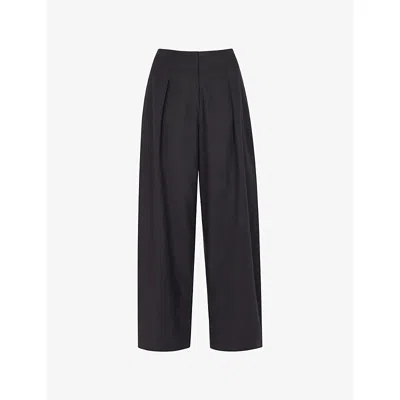 Whistles Womens Black Pleat-front Barrel-leg Cotton-blend Trousers