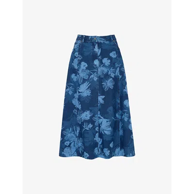 Whistles Womens Chalk-print High-rise Denim Midi Skirt Blue