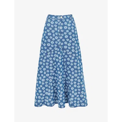 Whistles Womens Blue Daisy-motif A-line Denim Maxi Skirt