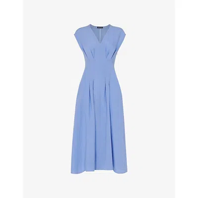 Whistles Womens Blue Panel V-neck Short-sleeve Linen-blend Midi Dress