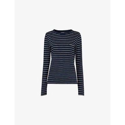 Whistles Womens Stripe-pattern Patch-pocket Cotton Top Blue