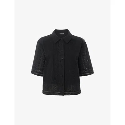 Whistles Womens Black Broderie Short-sleeve Button-down Cotton Shirt