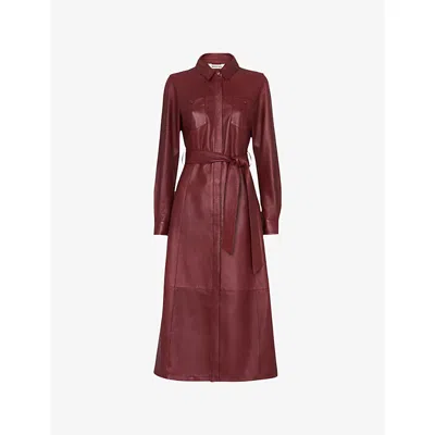 Whistles Womens Patch-pocket Collared Leather Midi Dress Burgundy
