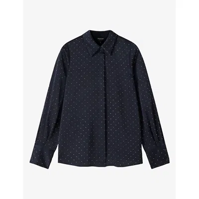 Whistles Womens Embellished-rhinestones Hammered Satin Shirt Navy In Blue
