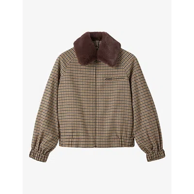 Whistles Womens Faux-fur Collar Check Cotton Bomber Jacket Brown/multi