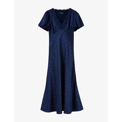 Whistles Womens Floral V-neck Satin Midi Dress Navy In Blue