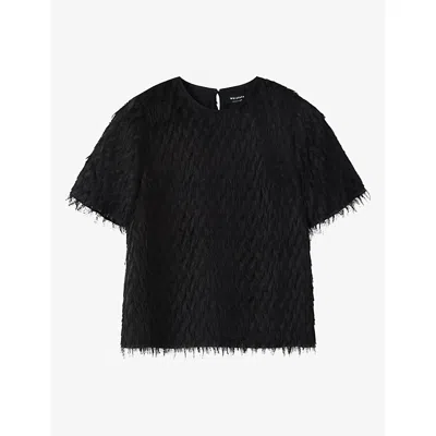Whistles Womens Fringed Short-sleeve Woven Blouse Black
