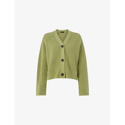 WHISTLES WOMENS GREEN NALA V-NECK RIBBED-KNIT COTTON CARDIGAN