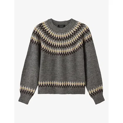 Whistles Womens Grey/multi Fairisle Detail Knit Wool-blend Jumper