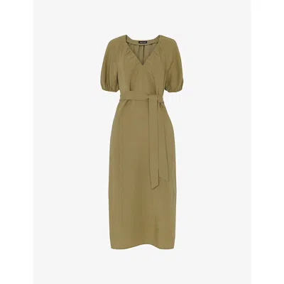 Whistles Womens Khaki/olive Ariella V-neck Lyocell And Linen Midi Dress