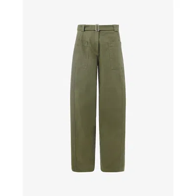 Whistles Womens Khaki/olive Belted Barrel-leg High-rise Cotton Trousers In Green