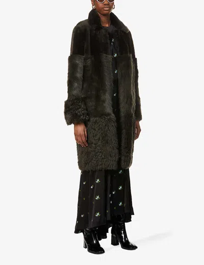 Whistles Cosma Reversible Contrast-panel Shearling Coat In Khaki/olive
