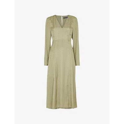 Whistles Omens  Jacquard Graphic-print Long-sleeve Woven Midi Dress In Khaki/olive