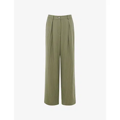 WHISTLES WOMENS KHAKI/OLIVE LOTTIE PINSTRIPED WIDE-LEG HIGH-RISE WOVEN TROUSERS