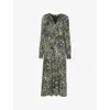 Whistles Omens  V-neck Printed Woven Midi Dress In Khaki/olive