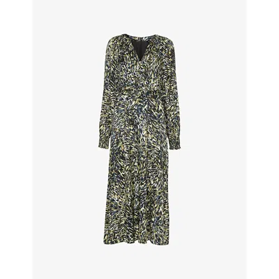 Whistles Omens  V-neck Printed Woven Midi Dress In Khaki/olive