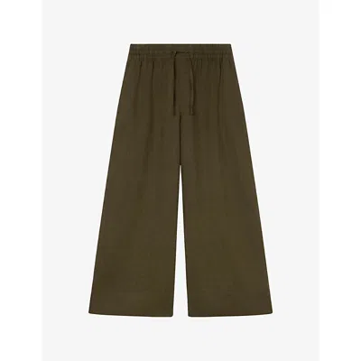 Whistles Womens Khaki/olive Wide-leg Drawstring-waist Linen Trousers In Brown