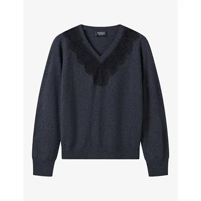 Whistles Womens Lace-trim Wool Jumper Dark Grey In Blue