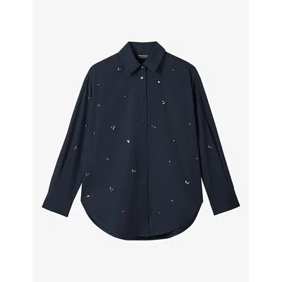 Whistles Womens Long-sleeved Embellished Cotton-poplin Shirt Navy/multi In Blue