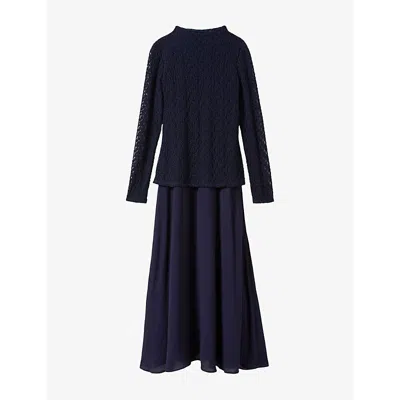 Whistles Womens Long-sleeved Lace And Woven Midi Dress Navy In Multi