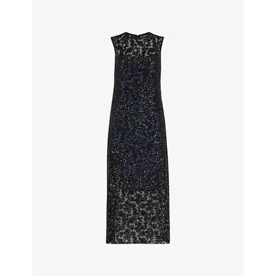 Whistles Womens Lyra Sequin-embellished Floral-motif Recycled-polyester Midi Dress Black