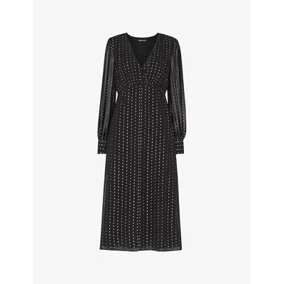 Whistles Womens Black Metallic-stripe Long-sleeve Woven Midi Dress