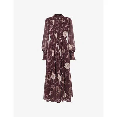 Whistles Womens Multi-coloured Floral-print Tie-waist Woven Midi Dress In Burgundy