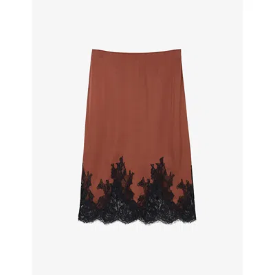 Whistles Omens  Lace-hem Satin Midi Skirt In Brown