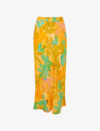 Whistles Womens Multi-coloured Palm Floral-print Button-embellished Woven Midi Skirt
