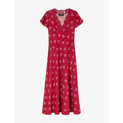Whistles Womens Multi-coloured Lace-trim Floral-print Woven Midi Dress In Burgundy