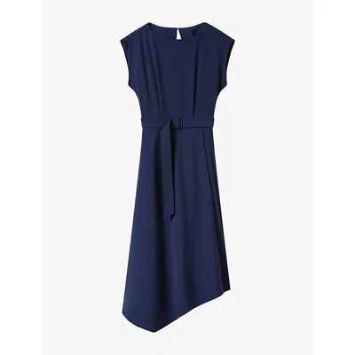 Whistles Womens Navy Asymmetric Pleat-detail Stretch-woven Midi Dress In Blue