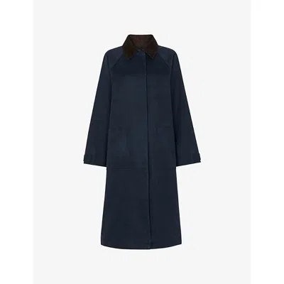 Whistles Womens Navy Gabriella Contrast-collar Relaxed-fit Waxed Overcoat Xs In Blue
