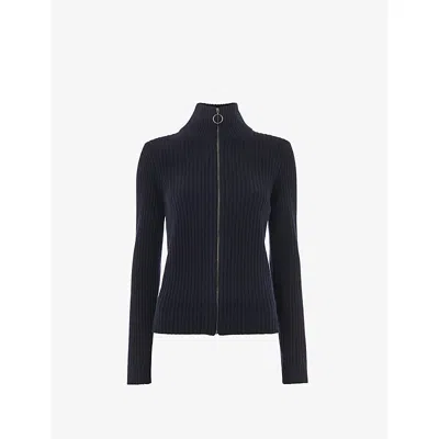 Whistles Womens Navy High-neck Zipped Ribbed Wool Cardigan In Black