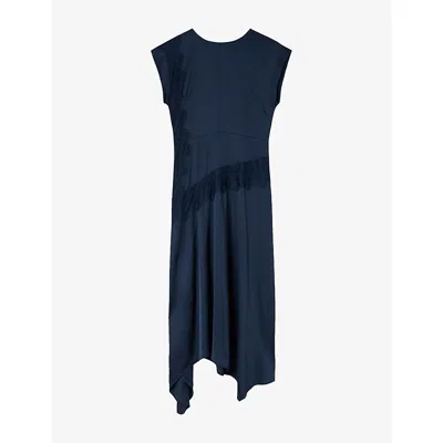 Whistles Womens Navy Lace-insert Asymmetric-hem Satin Midi Dress In Blue