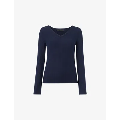 Whistles Womens V-neck Ribbed Jersey Top Navy