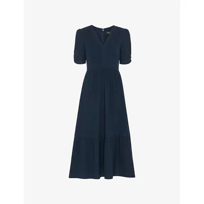 Whistles Womens Navy V-neck Short-sleeve Textured Cotton Midi Dress In Blue