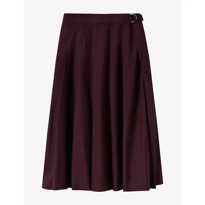 Whistles Womens Pleated Side-belt Stretch Wool-blend Midi Skirt Plum In Burgundy