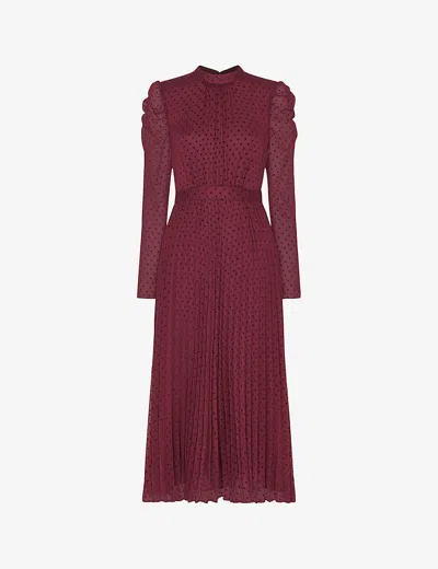 Whistles Dobby Polka-dot Woven Midi Dress In Plum/claret