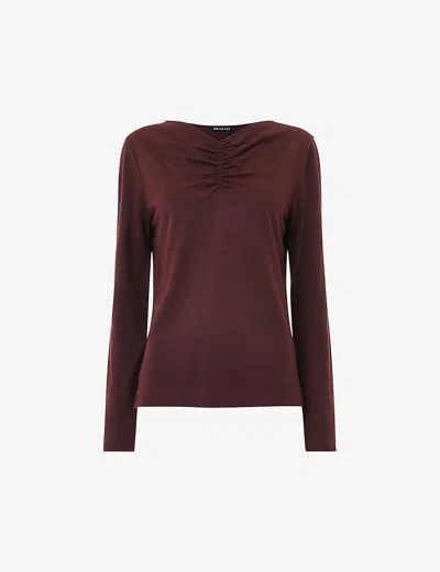 Whistles Ruched-neck Long-sleeve Woven Top In Plum/claret