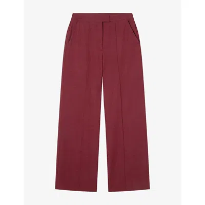 Whistles Womens Plum/claret Straight Regular-fit Cotton And Linen-blend Trousers In Burgundy