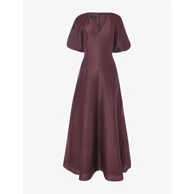 Whistles Womens Taffeta Puff-sleeve Silk-blend Maxi Dress Plum/claret In Burgundy