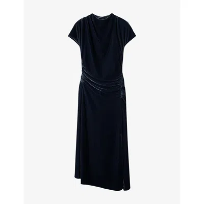 Whistles Womens Ruched High-neck Velvet Midi Dress Navy In Blue