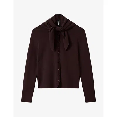 Whistles Womens Scarf-detail Round-neck Cotton-blend Cardigan Brown