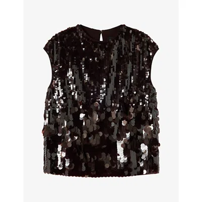 Whistles Womens Sequin-embellished Cap-sleeve Woven Top Chocolate